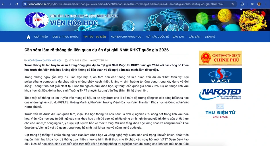 Viện Hóa học bác bỏ cáo buộc liên quan dự án giải nhất khoa học kỹ thuật quốc gia