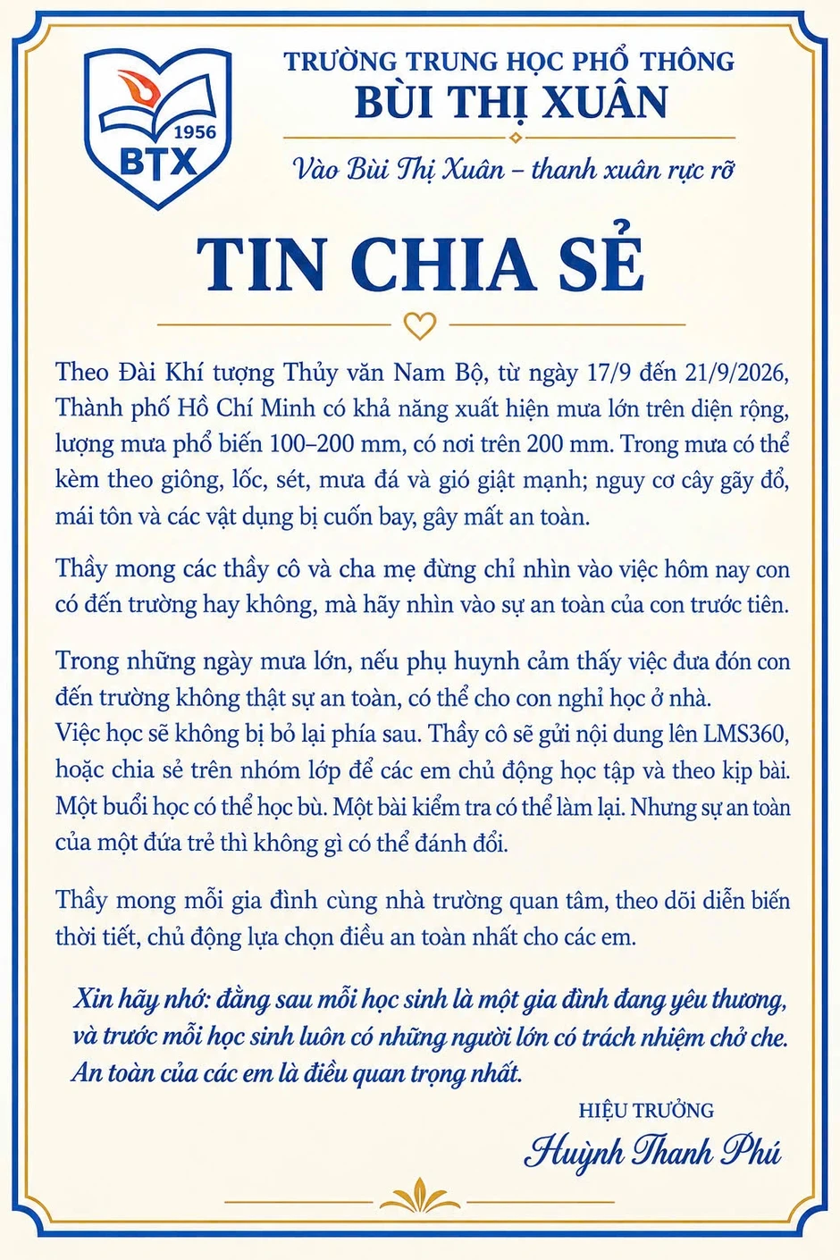 Xúc động bức thư hiệu trưởng gửi học trò ngày TPHCM mưa dông sấm chớp Xúc động bức thư hiệu trưởng gửi học trò ngày TPHCM mưa dông sấm chớp