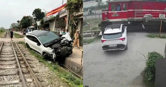 "Lờ" tiếng còi cảnh báo, ô tô con bị tàu hỏa tông nát đầu