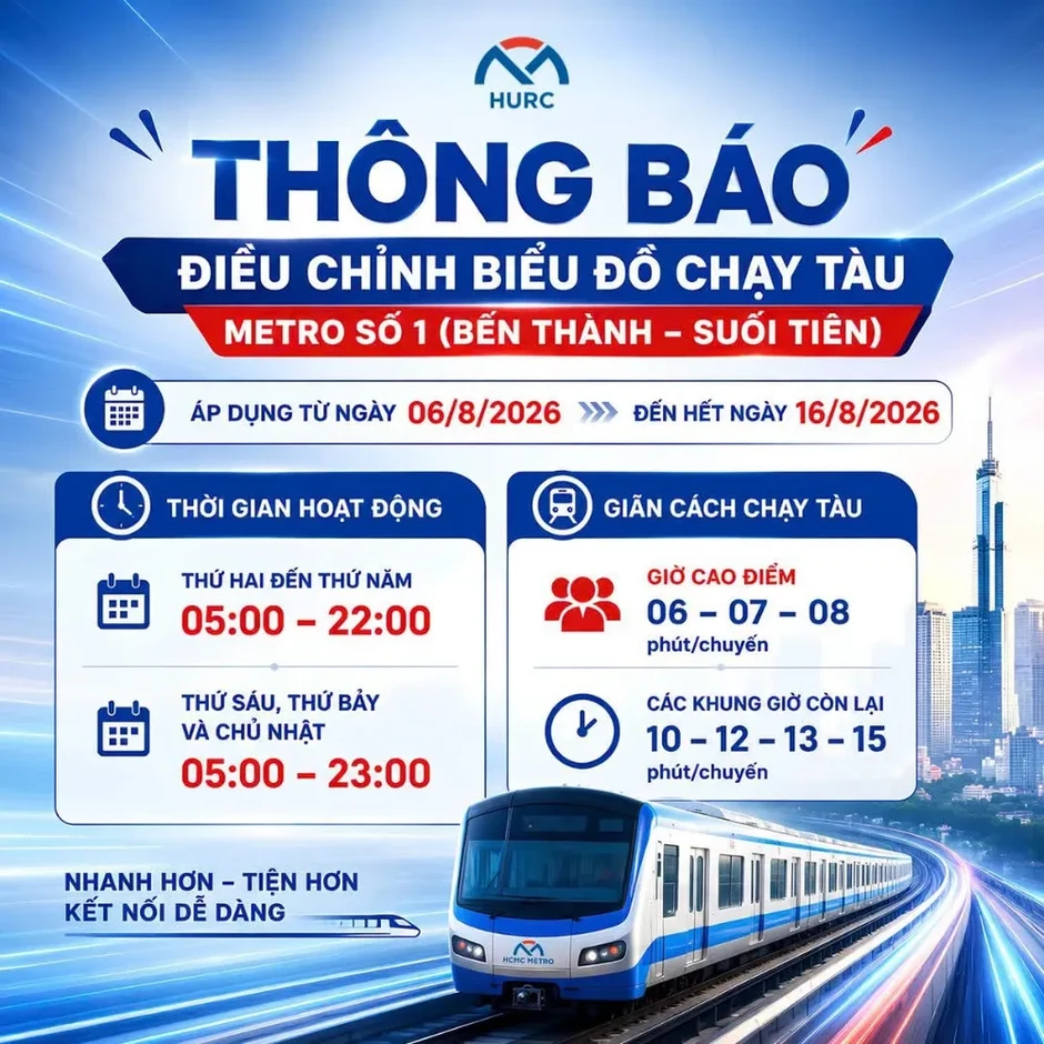 Metro Bến Thành - Suối Tiên kéo dài thời gian hoạt động vào cuối tuần Metro Bến Thành - Suối Tiên kéo dài thời gian hoạt động vào cuối tuần