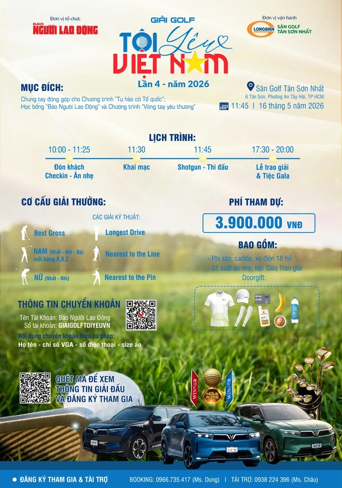 Giải golf "Tôi yêu Việt Nam" lần 4 năm 2026: Hơn 5 tỉ đồng giải thưởng Hole-in-One Giải golf "Tôi yêu Việt Nam" lần 4 năm 2026: Hơn 5 tỉ đồng giải thưởng Hole-in-One