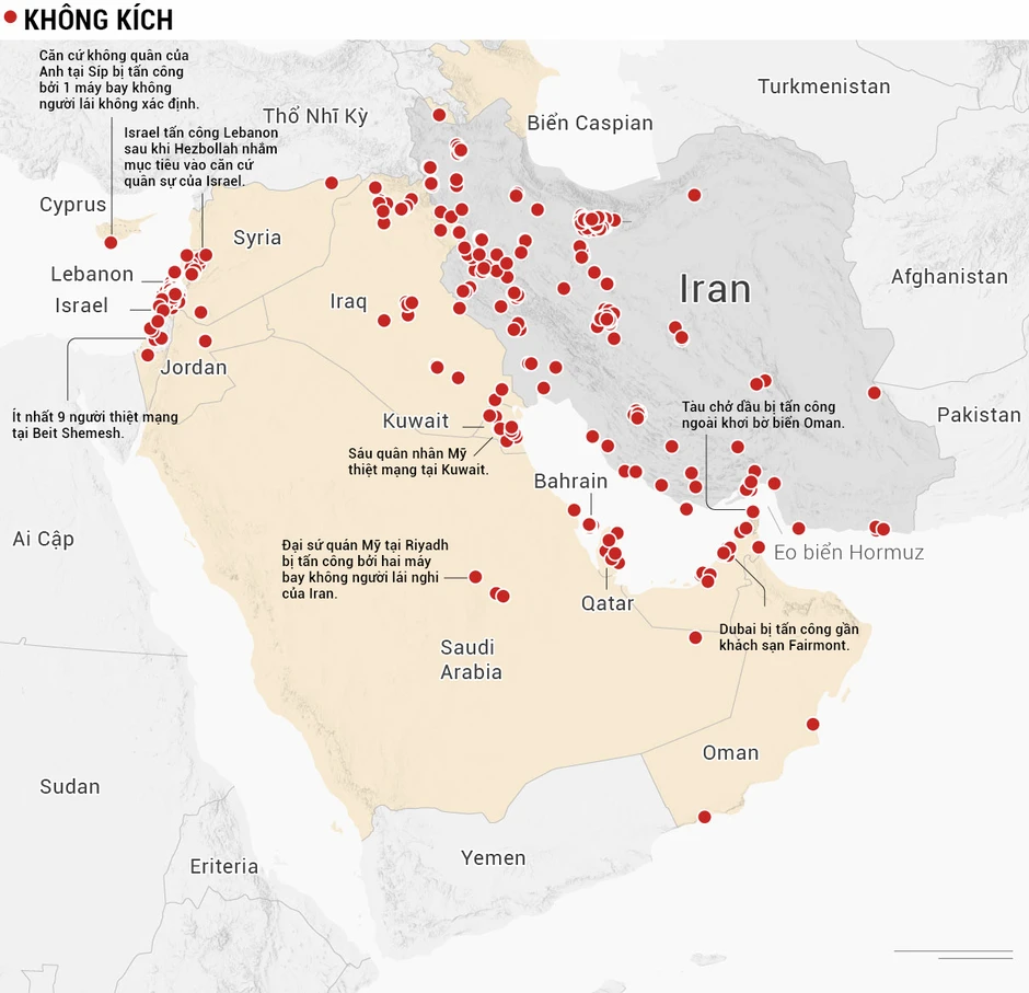 Infographic: Điểm nóng chiến sự khắp Trung Đông trong 10 ngày Mỹ - Israel tấn công Iran Infographic: Điểm nóng chiến sự khắp Trung Đông trong 10 ngày Mỹ - Israel tấn công Iran
