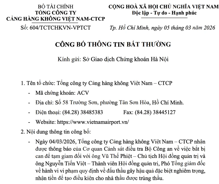 ACV công bố 'Chủ tịch Vũ Thế Phiệt bị bắt vì gây hậu quả đặc biệt nghiêm trọng' ACV công bố 'Chủ tịch Vũ Thế Phiệt bị bắt vì gây hậu quả đặc biệt nghiêm trọng'