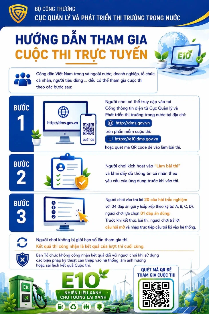 Bộ Công Thương khởi động thi trực tuyến 'Tìm hiểu lợi ích xăng sinh học E10' Bộ Công Thương khởi động thi trực tuyến 'Tìm hiểu lợi ích xăng sinh học E10'