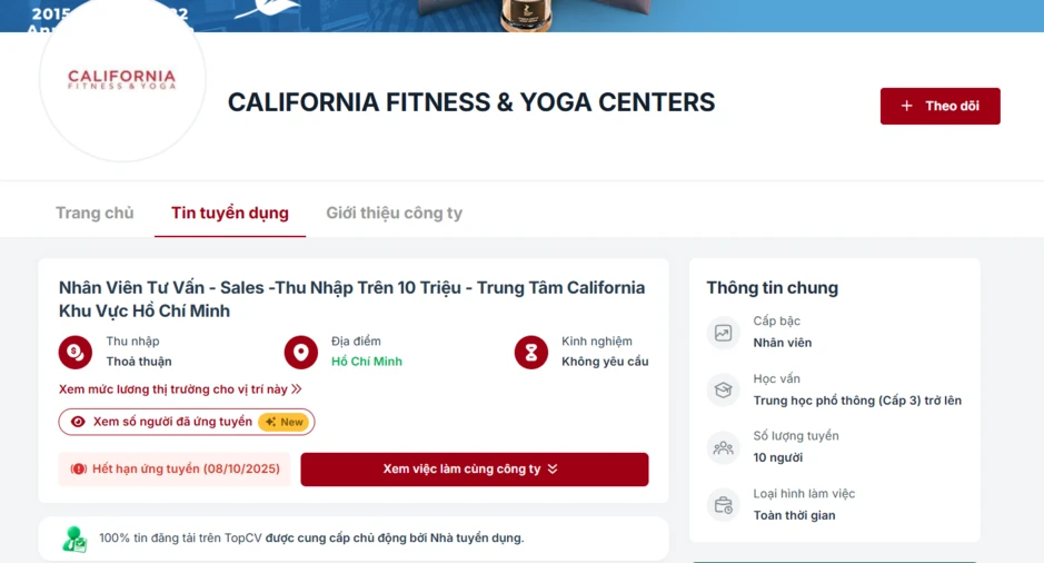 California Fitness & Yoga từng tuyển nhân viên lương lên tới 30 triệu đồng/tháng, chỉ cần tốt nghiệp THPT, không yêu cầu kinh nghiệm, có vị trí nhận hoa hồng 35%