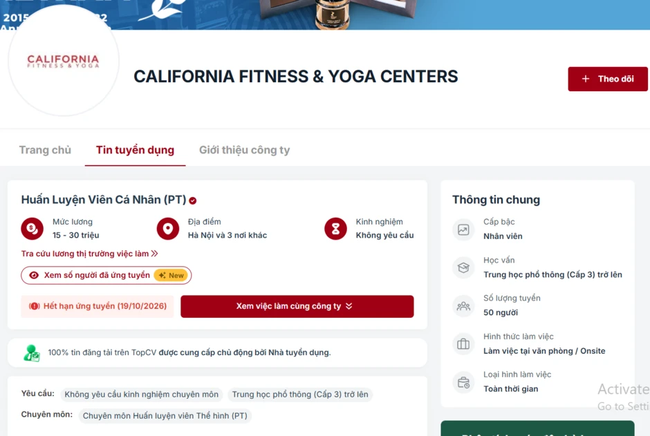 California Fitness & Yoga từng tuyển nhân viên lương lên tới 30 triệu đồng/tháng, chỉ cần tốt nghiệp THPT, không yêu cầu kinh nghiệm, có vị trí nhận hoa hồng 35% California Fitness & Yoga từng tuyển nhân viên lương lên tới 30 triệu đồng/tháng, chỉ cần tốt nghiệp THPT, không yêu cầu kinh nghiệm, có vị trí nhận hoa hồng 35%