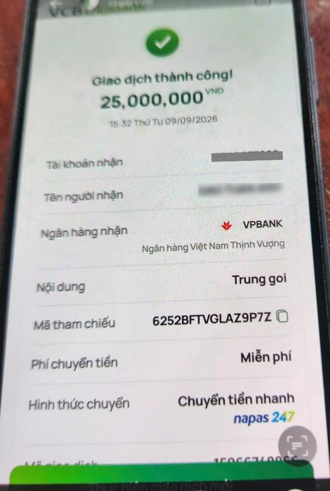 Công an xác minh giao dịch chuyển 25.000.000 đồng với nội dung "Trung goi" Công an xác minh giao dịch chuyển 25.000.000 đồng với nội dung "Trung goi"