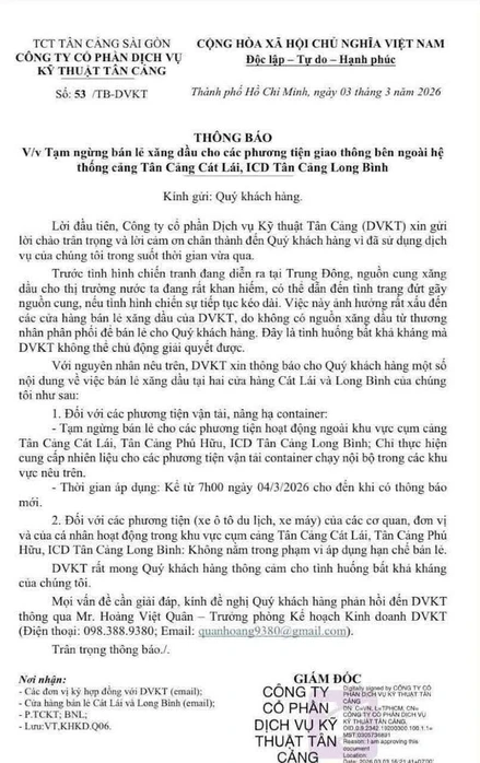 Công ty CP Dịch vụ Kỹ thuật Tân Cảng thu hồi thông báo liên quan bán lẻ xăng dầu