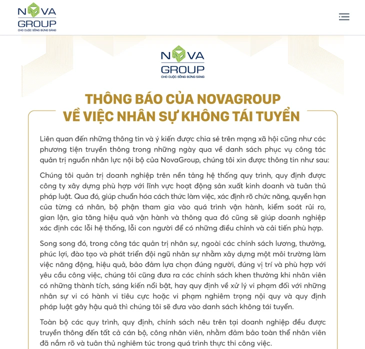 Danh sách 'không tái tuyển dụng': NovaGroup lên tiếng, chuyên gia nói 'công khai là không ổn' Danh sách 'không tái tuyển dụng': NovaGroup lên tiếng, chuyên gia nói 'công khai là không ổn'