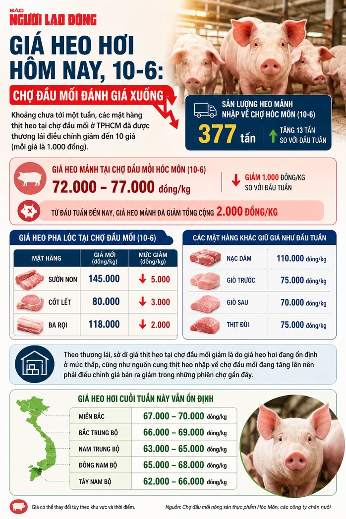 Giá heo hơi hôm nay, 10-6: Thịt heo chợ đầu mối giảm đến 10 giá Giá heo hơi hôm nay, 10-6: Thịt heo chợ đầu mối giảm đến 10 giá