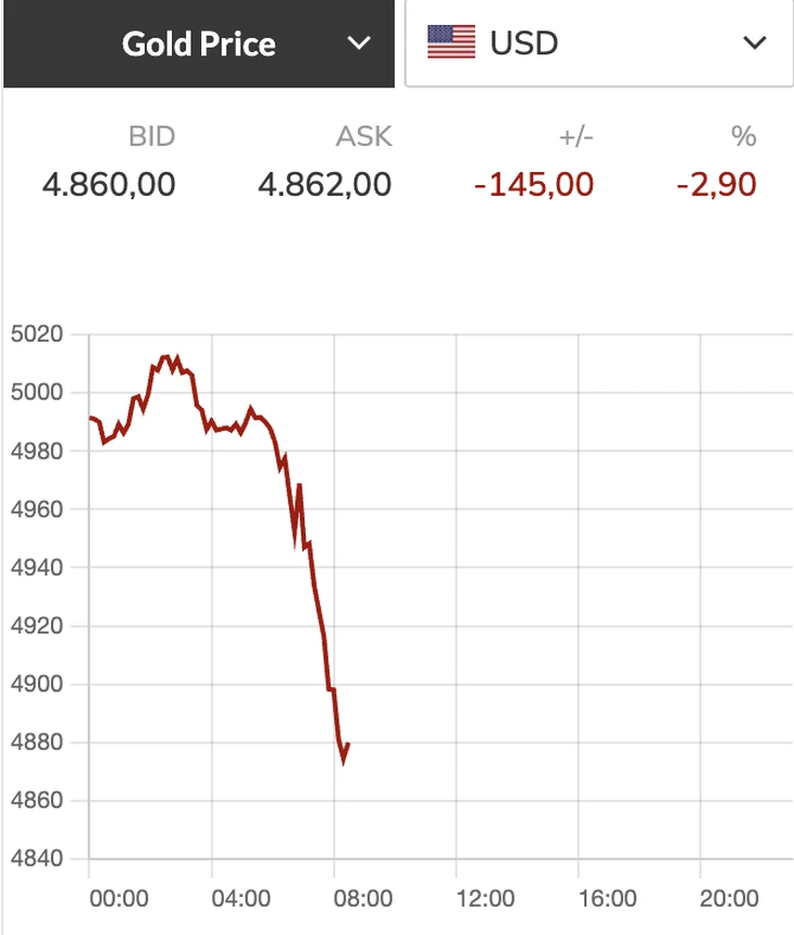 Giá vàng thế giới đột ngột giảm sâu về dưới 4.900 USD/ounce Giá vàng thế giới đột ngột giảm sâu về dưới 4.900 USD/ounce