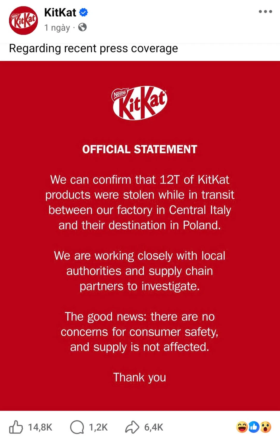 Giải mã làn sóng "báo mất hàng" sau vụ trộm hy hữu 12 tấn socola KitKat Giải mã làn sóng "báo mất hàng" sau vụ trộm hy hữu 12 tấn socola KitKat