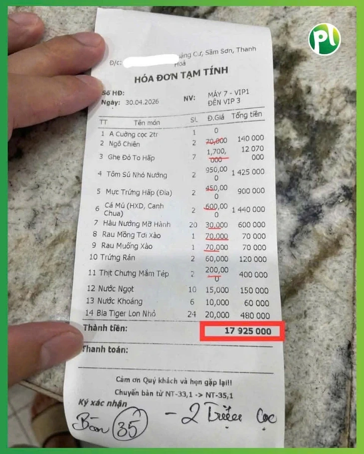 Hóa đơn bữa ăn gần 18 triệu đồng ở Sầm Sơn gây xôn xao
