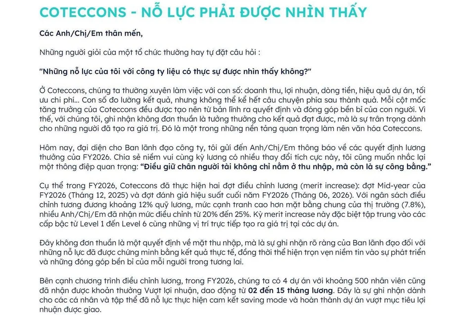 Một tổng thầu xây dựng vừa tăng lương đến 25% cho nhân viên, 500 người nhận thưởng 15 tháng lương Một tổng thầu xây dựng vừa tăng lương đến 25% cho nhân viên, 500 người nhận thưởng 15 tháng lương