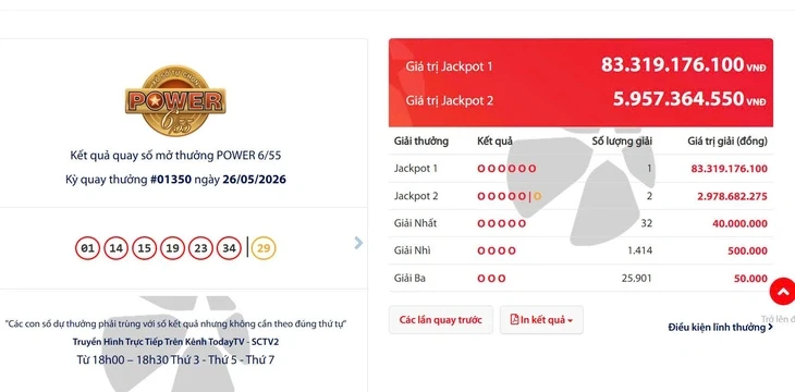 Tối nay, 26-5, Vietlott xác định một khách hàng trúng giải độc đắc hơn 83 tỉ đồng Tối nay, 26-5, Vietlott xác định một khách hàng trúng giải độc đắc hơn 83 tỉ đồng