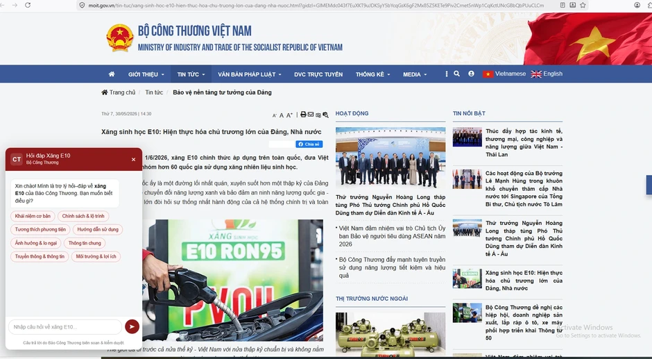 Bộ Công thương ra mắt chatbot giải đáp xăng E10 Bộ Công thương ra mắt chatbot giải đáp xăng E10