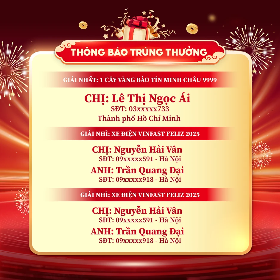 Chủ nhân 1 lượng vàng 9999 đã lộ diện, lễ trao giải tại Bibo Mart sắp diễn ra Chủ nhân 1 lượng vàng 9999 đã lộ diện, lễ trao giải tại Bibo Mart sắp diễn ra