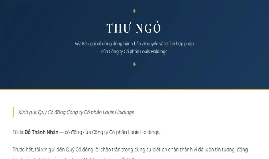 Ông Đỗ Thành Nhân xuất hiện sau bản án, yêu cầu họp 'khẩn' cổ đông Louis Holdings Ông Đỗ Thành Nhân xuất hiện sau bản án, yêu cầu họp 'khẩn' cổ đông Louis Holdings