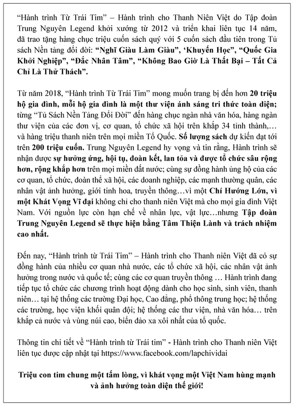 Trung Nguyên Legend tiếp tục triển khai ‘Hành trình Từ Trái Tim’-Hành trình cho thanh niên Việt Trung Nguyên Legend tiếp tục triển khai ‘Hành trình Từ Trái Tim’-Hành trình cho thanh niên Việt