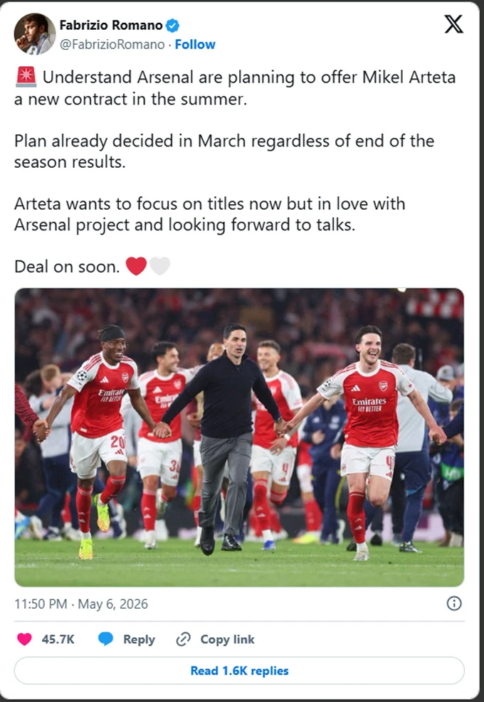 Arsenal ra quyết định lớn với Arteta giữa cuộc đua Premier League và Champions League Arsenal ra quyết định lớn với Arteta giữa cuộc đua Premier League và Champions League