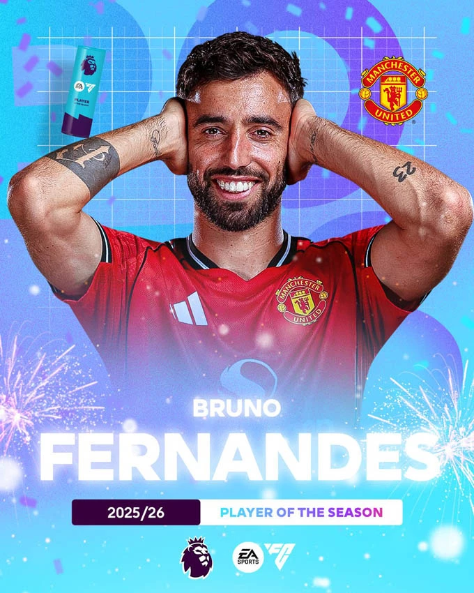 Bruno Fernandes nhận giải Cầu thủ xuất sắc nhất Premier League 2025/26 Bruno Fernandes nhận giải Cầu thủ xuất sắc nhất Premier League 2025/26