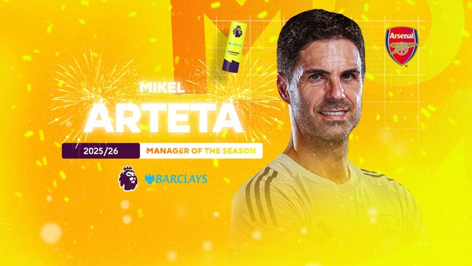 Mikel Arteta giành giải HLV xuất sắc nhất mùa tại Premier League 2025/26 Mikel Arteta giành giải HLV xuất sắc nhất mùa tại Premier League 2025/26