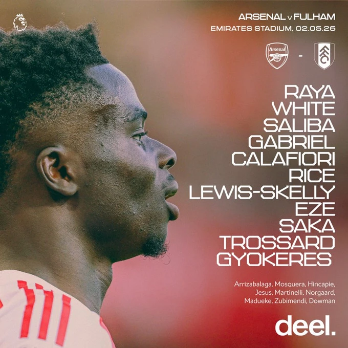 Trực tiếp Arsenal 2-0 Fulham: Saka nhân đôi cách biệt