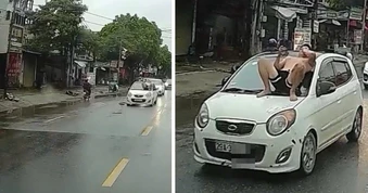 Bị đòi lại xe, con rể cởi trần nằm trên nắp capo nhưng bố vợ vẫn lái xe chạy