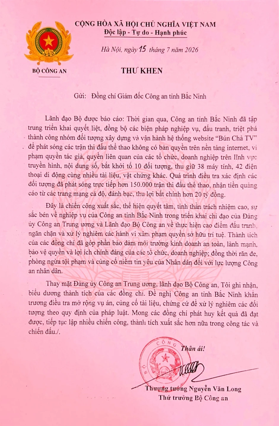 Bộ Công an gửi Thư khen về thành tích triệt phá đường dây “Bún Chả TV” ở Bắc Ninh Bộ Công an gửi Thư khen về thành tích triệt phá đường dây “Bún Chả TV” ở Bắc Ninh