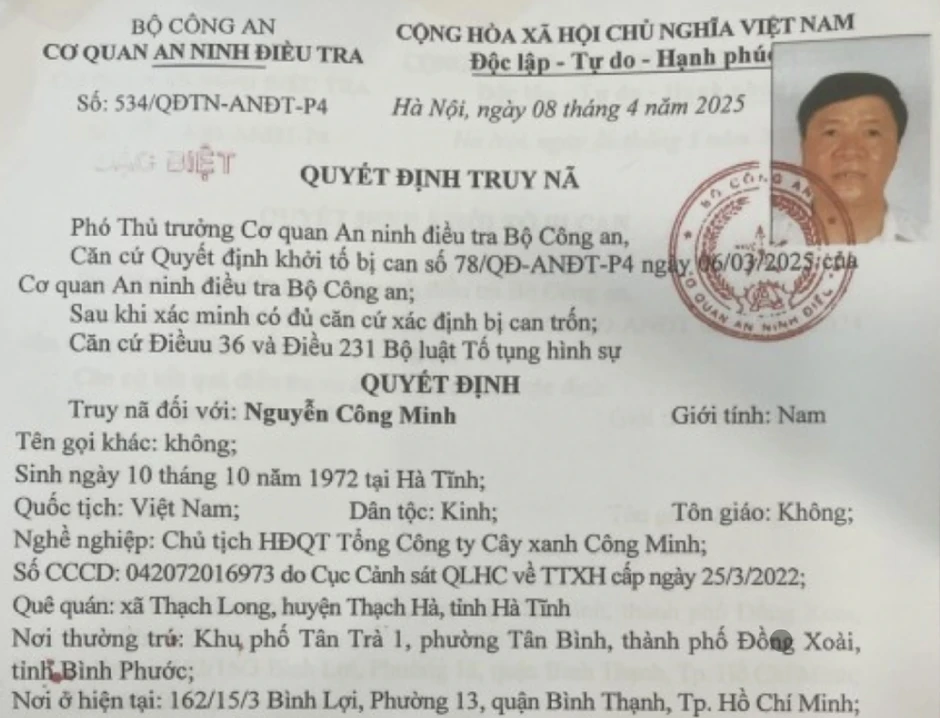 Bộ Công an tiếp tục yêu cầu Chủ tịch Công ty cây xanh Công Minh ra đầu thú