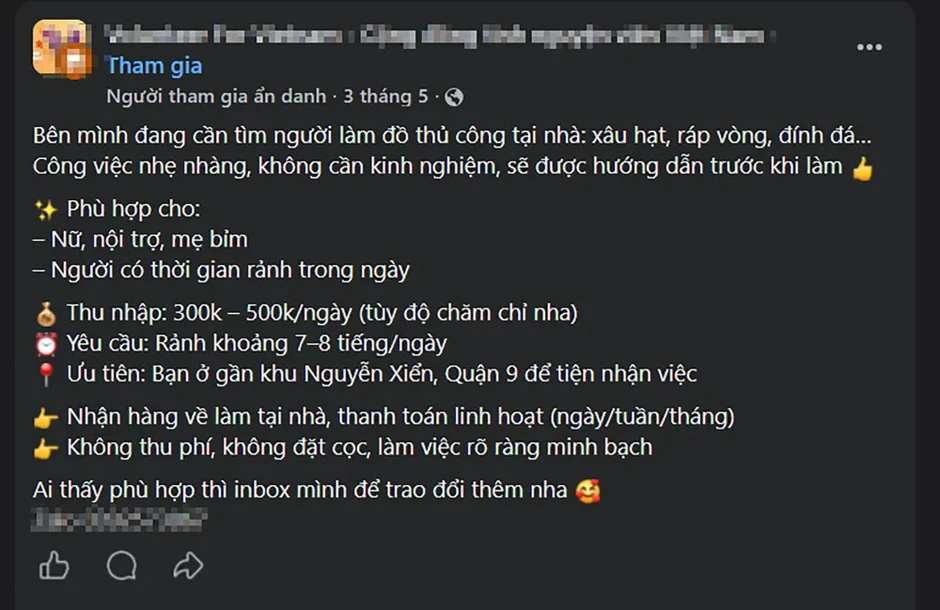 Chiêu trò lừa đảo tuyển cộng tác viên gia công tại nhà Chiêu trò lừa đảo tuyển cộng tác viên gia công tại nhà