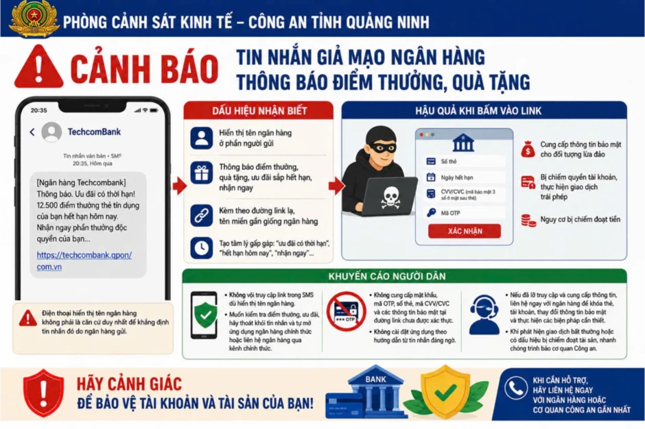 Công an Quảng Ninh cảnh báo tin nhắn giả mạo ngân hàng Công an Quảng Ninh cảnh báo tin nhắn giả mạo ngân hàng