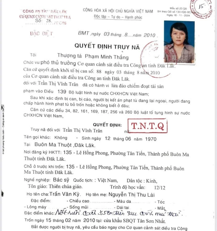 Công an tỉnh Đắk Lắk truy nã đặc biệt một nữ bác sĩ Công an tỉnh Đắk Lắk truy nã đặc biệt một nữ bác sĩ