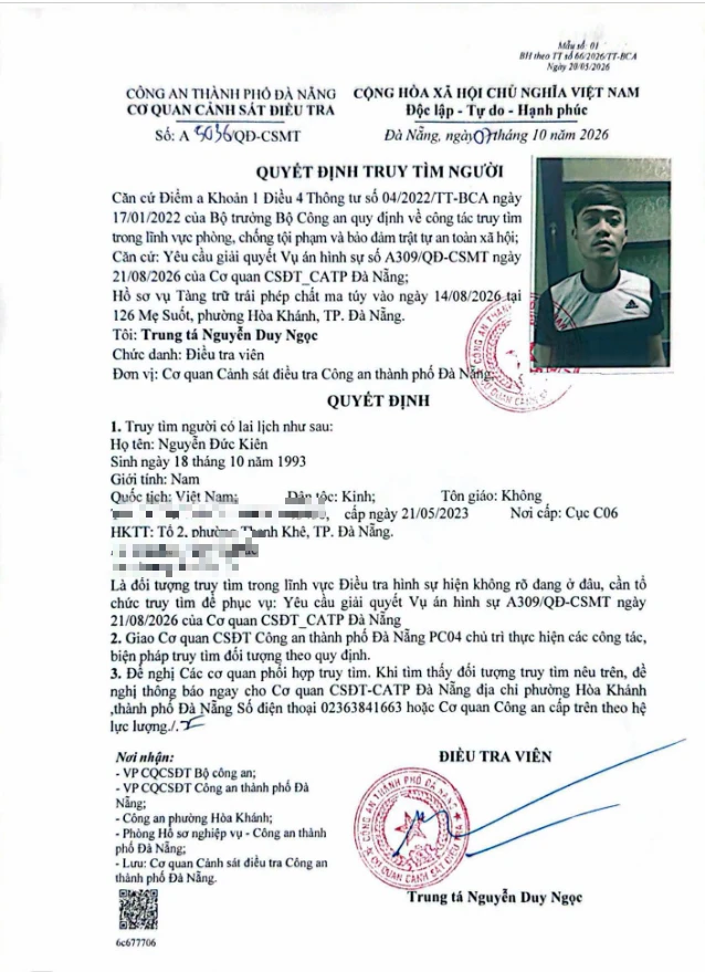 Công an truy tìm ông Nguyễn Đức Kiên SN 1993