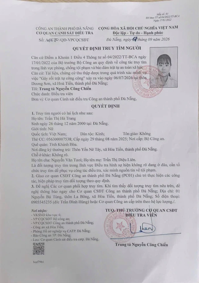 Công an truy tìm Trần Thị Hà Trang SN 2000 Công an truy tìm Trần Thị Hà Trang SN 2000