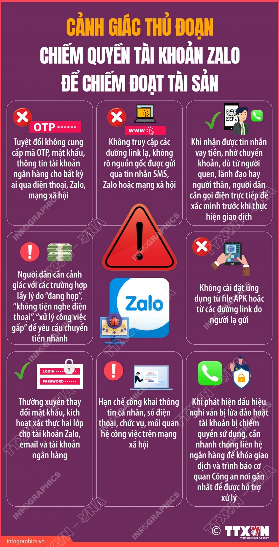 Infographic: Cảnh giác thủ đoạn chiếm quyền tài khoản Zalo để chiếm đoạt tài sản Infographic: Cảnh giác thủ đoạn chiếm quyền tài khoản Zalo để chiếm đoạt tài sản