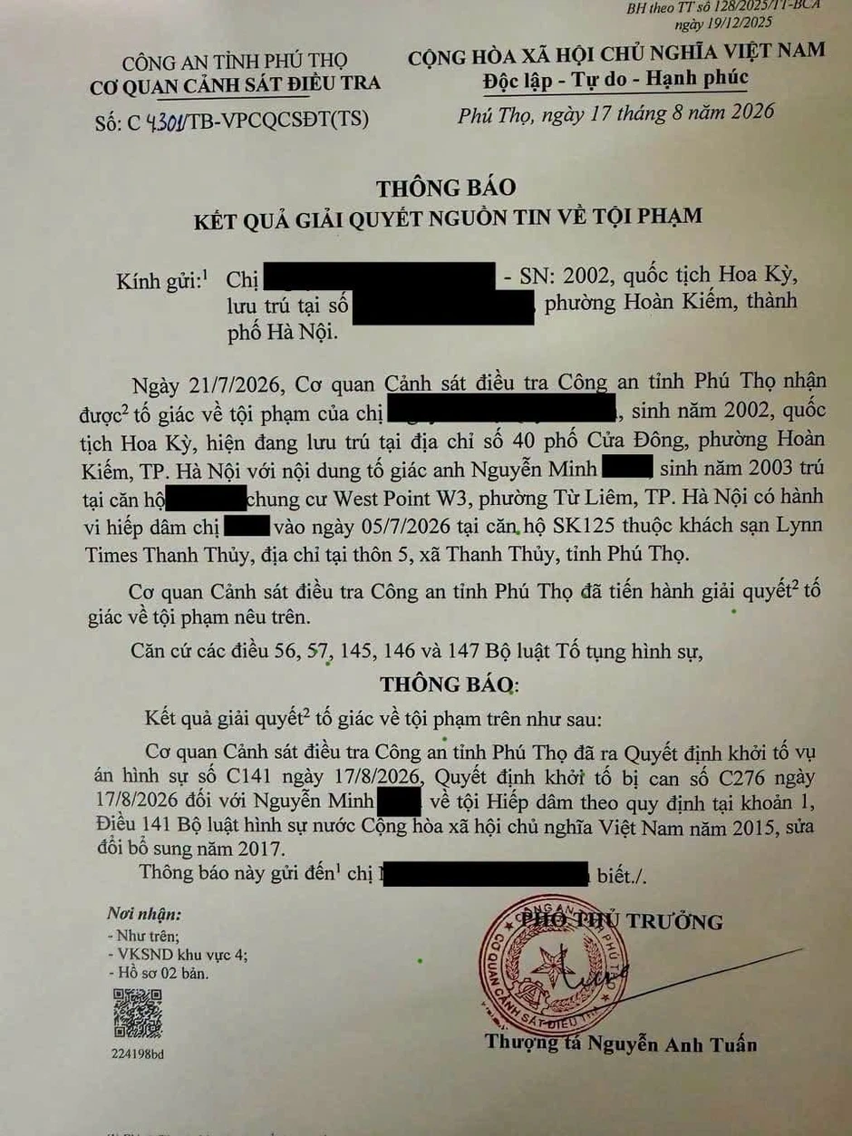 Khởi tố bị can trong vụ cô gái quốc tịch Mỹ tố giác bị hiếp dâm Khởi tố bị can trong vụ cô gái quốc tịch Mỹ tố giác bị hiếp dâm
