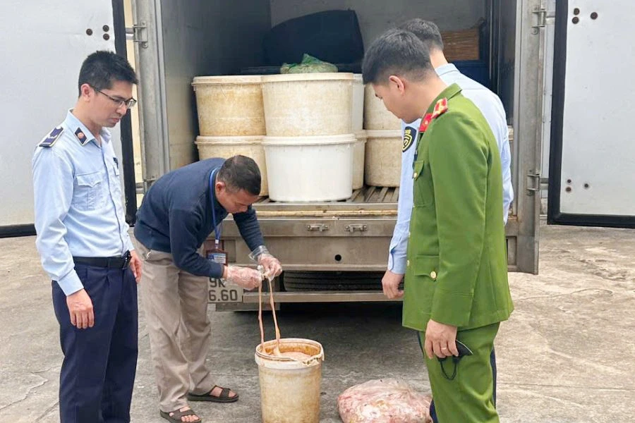 Kiểm tra xe tải, công an phát hiện hơn 1 tấn lòng lợn đang phân hủy Kiểm tra xe tải, công an phát hiện hơn 1 tấn lòng lợn đang phân hủy