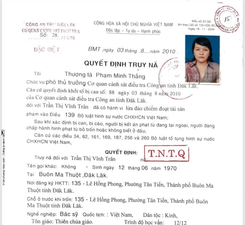 Truy nã đặc biệt bác sĩ Trần Thị Vĩnh Trân Truy nã đặc biệt bác sĩ Trần Thị Vĩnh Trân