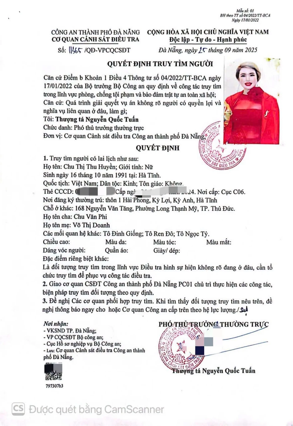 Truy tìm Chu Thị Thu Huyền SN 1991 Truy tìm Chu Thị Thu Huyền SN 1991