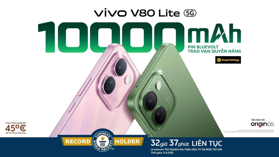 vivo V80 Lite nhận Kỷ lục Guinness thế giới 32 giờ 37 phút sử dụng liên tục
