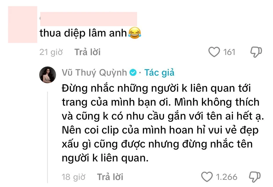 Bị nói "thua Diệp Lâm Anh", Vũ Thúy Quỳnh dùng 50 chữ đáp thẳng Bị nói "thua Diệp Lâm Anh", Vũ Thúy Quỳnh dùng 50 chữ đáp thẳng