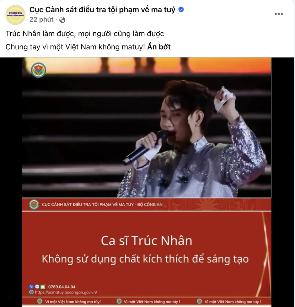 Clip Trúc Nhân xuất hiện trên trang Cục Cảnh sát điều tra tội phạm về ma túy Clip Trúc Nhân xuất hiện trên trang Cục Cảnh sát điều tra tội phạm về ma túy