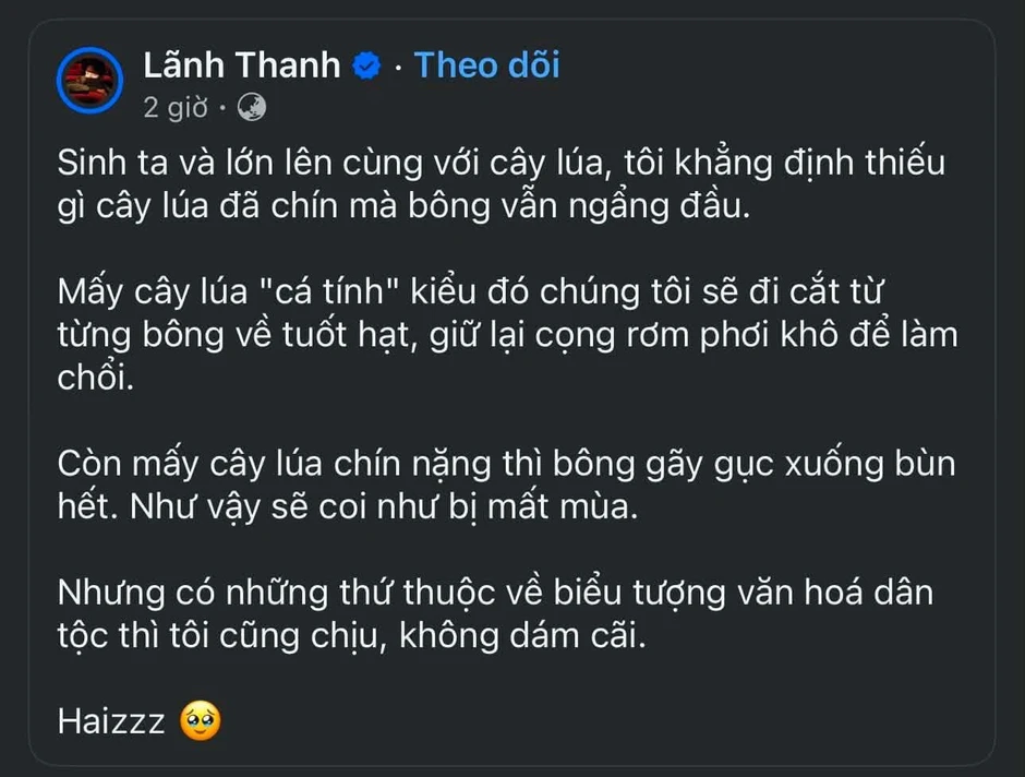 Lãnh Thanh gặp chỉ trích vì phát ngôn: "Thiếu gì cây lúa đã chín mà bông vẫn ngẩng đầu" Lãnh Thanh gặp chỉ trích vì phát ngôn: "Thiếu gì cây lúa đã chín mà bông vẫn ngẩng đầu"