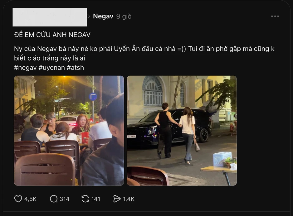Rầm rộ Threads: Team qua đường bắt gặp Negav đi ăn cùng Uyển Ân nhưng nắm tay ra về với cô gái lạ? Rầm rộ Threads: Team qua đường bắt gặp Negav đi ăn cùng Uyển Ân nhưng nắm tay ra về với cô gái lạ?