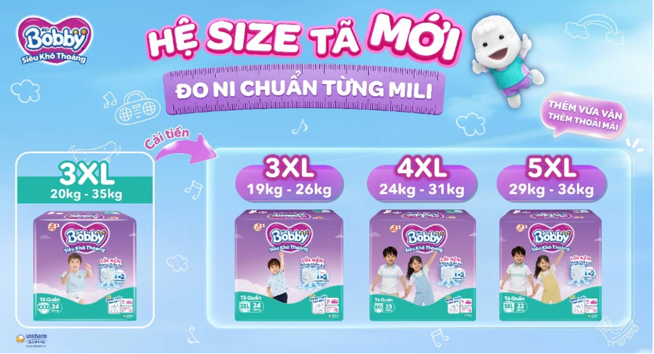 Bobby tiên phong mở rộng hệ size tã quần, 'đo ni' cho bé lớn tới 36 kg