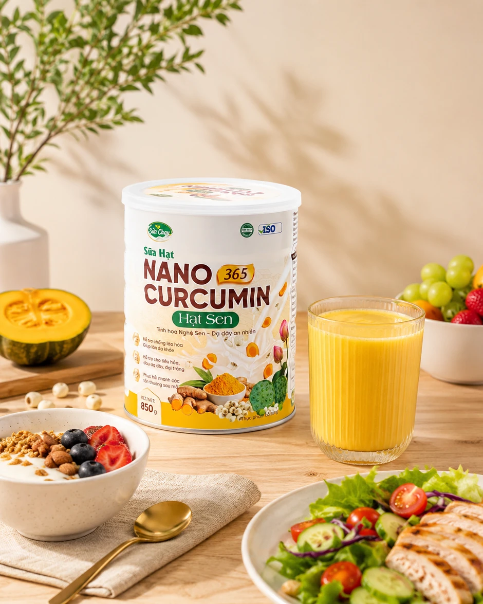 Sữa hạt Nano Curcumin Hạt Sen 365 – Bữa sáng dinh dưỡng hỗ trợ hệ tiêu hóa khỏe mạnh Sữa hạt Nano Curcumin Hạt Sen 365 – Bữa sáng dinh dưỡng hỗ trợ hệ tiêu hóa khỏe mạnh