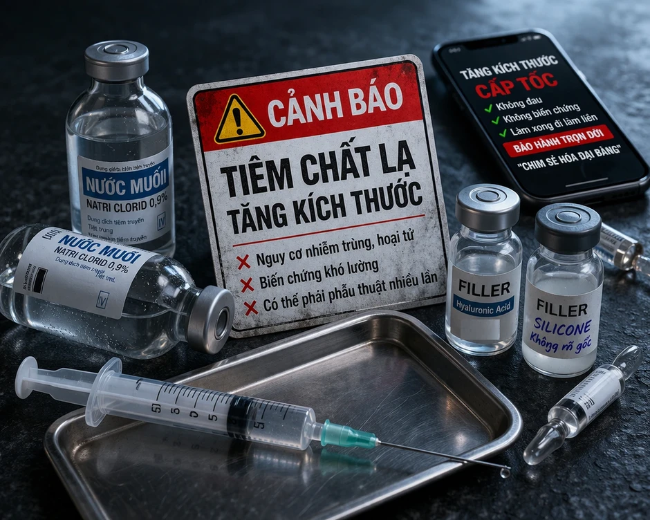 Tiêm nước muối hoặc filler để tăng kích thước dương vật: Nguy cơ biến chứng khó lường Tiêm nước muối hoặc filler để tăng kích thước dương vật: Nguy cơ biến chứng khó lường