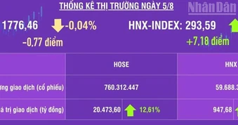 [Infographic] Chứng khoán ngày 5/8: VN-Index giảm nhẹ 0,77 điểm, khối ngoại mua ròng phiên thứ 3 liên tiếp