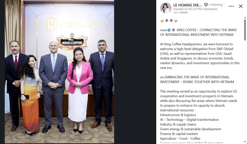 Bà Lê Hoàng Diệp Thảo bất ngờ đón đoàn khách đặc biệt, có đại diện “ông lớn” Mỹ nắm khối tài sản hơn 1,6 triệu tỷ đồng Bà Lê Hoàng Diệp Thảo bất ngờ đón đoàn khách đặc biệt, có đại diện “ông lớn” Mỹ nắm khối tài sản hơn 1,6 triệu tỷ đồng